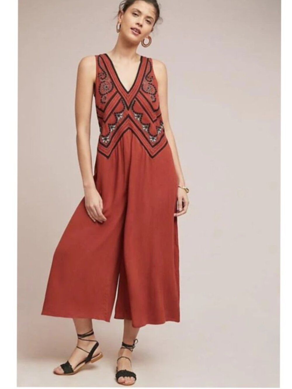 Anthropologie Maeve Desert Orange Wide Leg Embroidered Sleeveless Jumpsuit 0